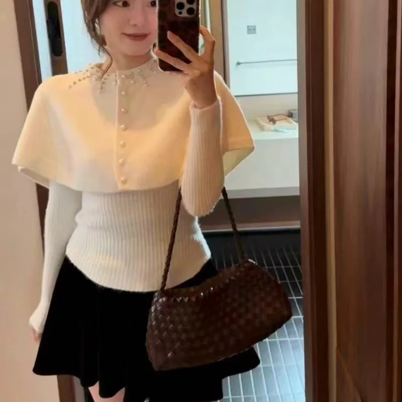 New O-Neck Beading Knitted Sweater Women Pullovers Long Sleeve Cloak Shawl Knit Sweater Pullover Women Tops Women Clothing Q2013