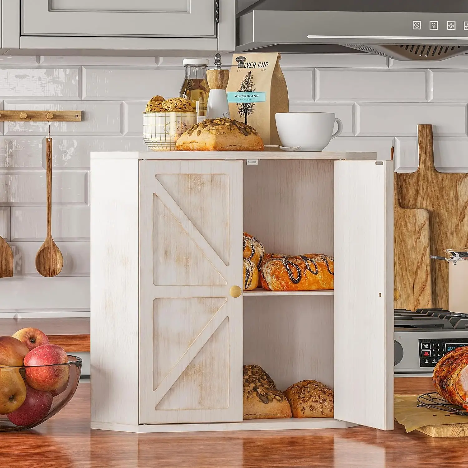 Double Layer Bamboo Corner Bread Box, Large Capacity Kitchen Storage Organizer for Fresh Bread