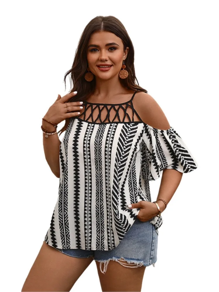 Tops con estampado geométrico para mujer, blusas holgadas plisadas de retazos, informales, talla grande, Verano