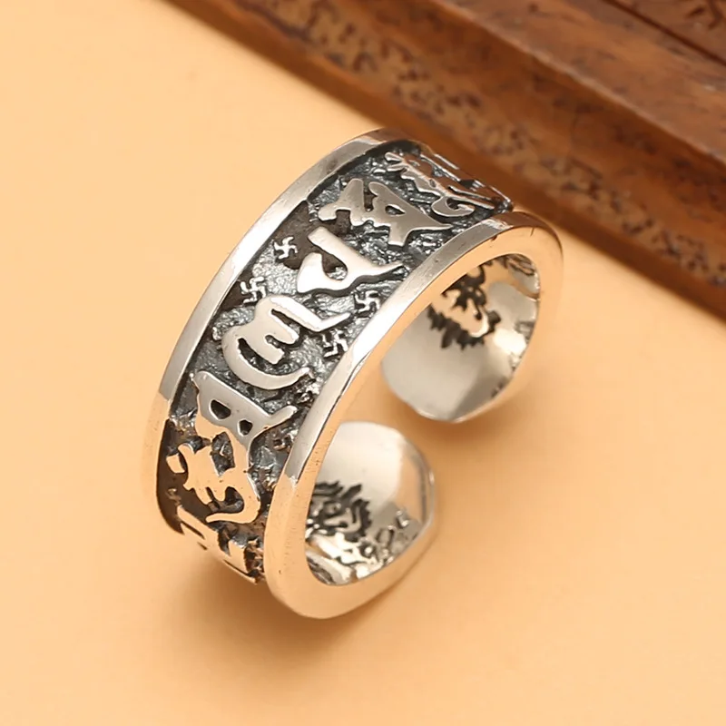 

Thai silver retro six-character mantra open ring sterling silver 925 men and women stylish vajra ring