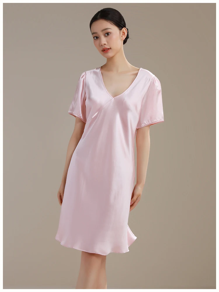 19MM Natural Heavy Silk Short Sleeve Chemise Solid Nightdress 100% Mulberry Silk Christmas Midi Nightgown Sexy Nighty Sleepwear