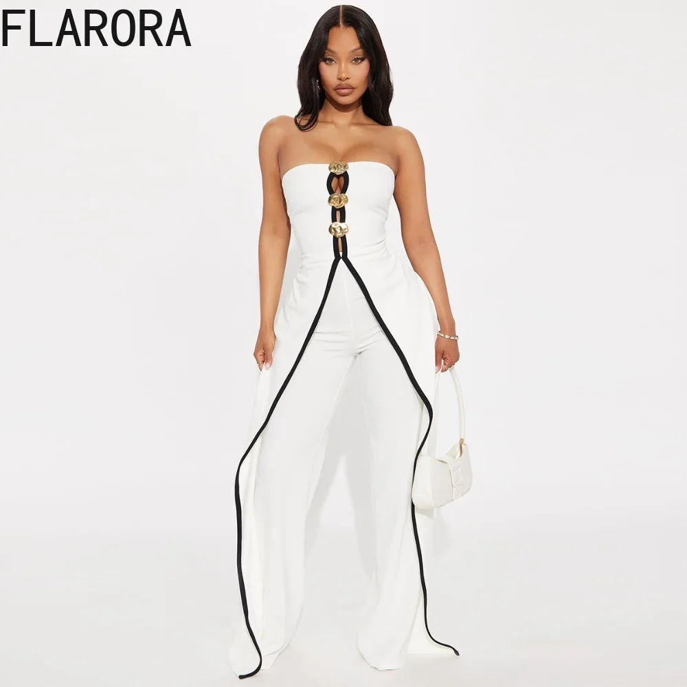 

FLARORA Elegant Hollow Out Strapless Jumpsuit Woman Solid Color Patchwork Sleeveless Wide Leg Jumpsuits Office Ladies Clothing