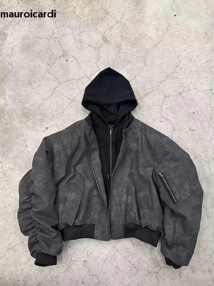 Mauroicardi Spring Oversized Vintage Black Faux Suede Leather Jacket Men Zipper Fake 2 Piece Luxury Designer Clothes Hoodie 2024