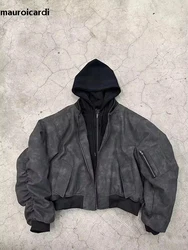 Mauroicardi primavera oversized vintage preto falso camurça jaqueta de couro dos homens zíper falso 2 peça roupas designer luxo com capuz 2024