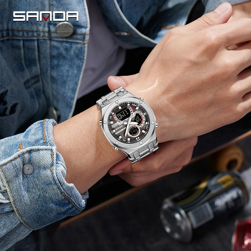 SANDA New Fashion Men Quartz Watch Stainless Steel Multifunction Dual Display Watch LED Luminous Waterproof Men's Digital Watch