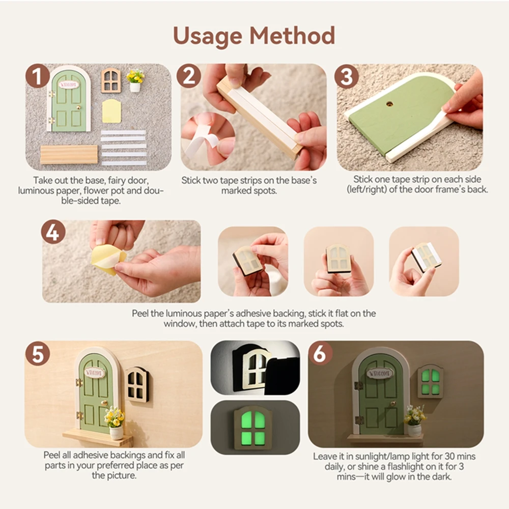 Wooden Elf Door Set Dollhouse Character Stickers Cartoon Room Decor Fairytale-Style Balcony Decor Hanging Ornaments Gift