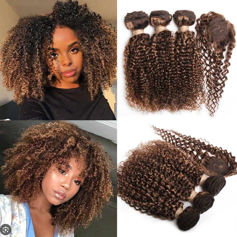 Cheveux humains courts Ombre crépus bouclés paquets cheveux brésiliens armure faisceaux avec fermeture 3 + 1 cheveux bouclés paquets Remy Extensions