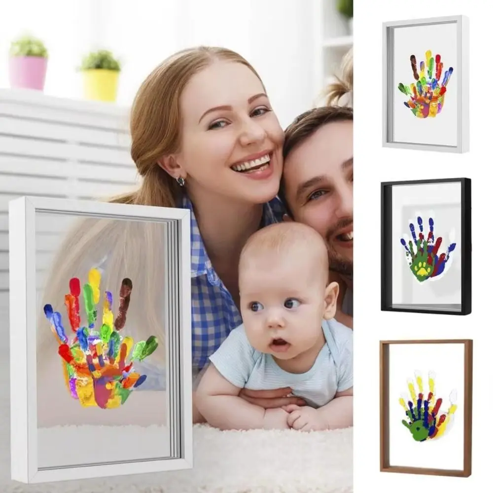 Family Handprint Photo Frame Kit DIY Handmade Keepsake Clear Baby Handprint Footprint Souvenir for Family Baby Pet Wooden Frame