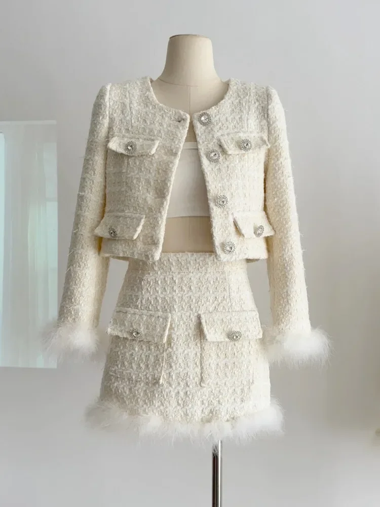

2024 Autumn Winter New Vintage Fashion 2 Pieces Sets Tweed Jacket Short Coat Feather Splicing Blazer+High Waist Mini Skirt Suit