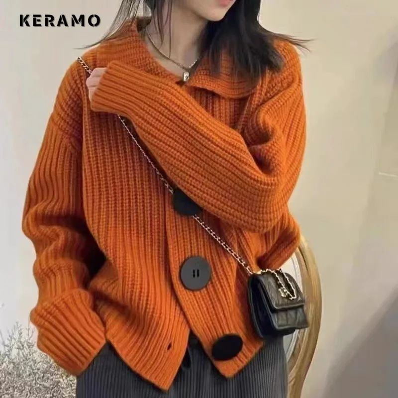 

Women Vintage Solid Color Knitting Long Sleeve Polo Colalr Cardigans 2023 Winter Fashion Casual Y2K Single Breasted Sweater