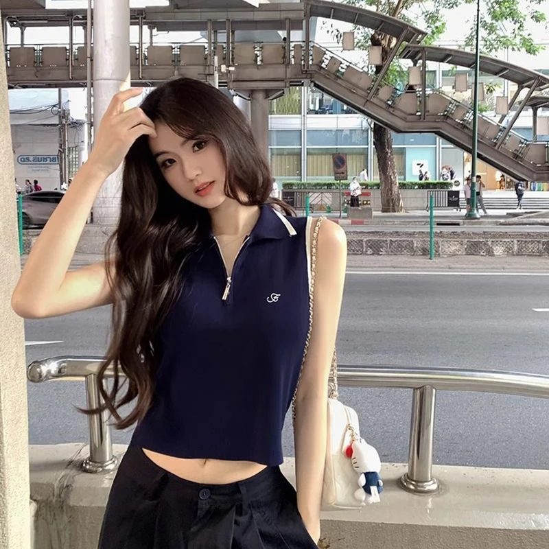 

Fashion Half Zipper Lapel Sleeveless Outerwear Knitted Vest For Women In Summer