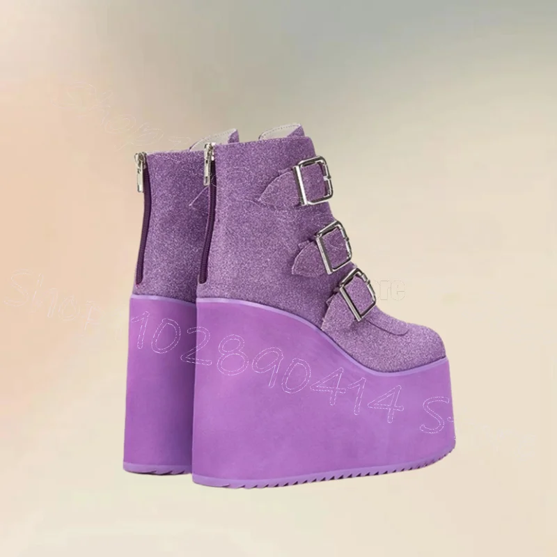 Lila Pailletten Schnalle Keile Ferse Plattform Stiefel Zurück Zipper Frauen Schuhe Runde Kappe Roman Party Bankett 2025, Zapatos Para Mujere