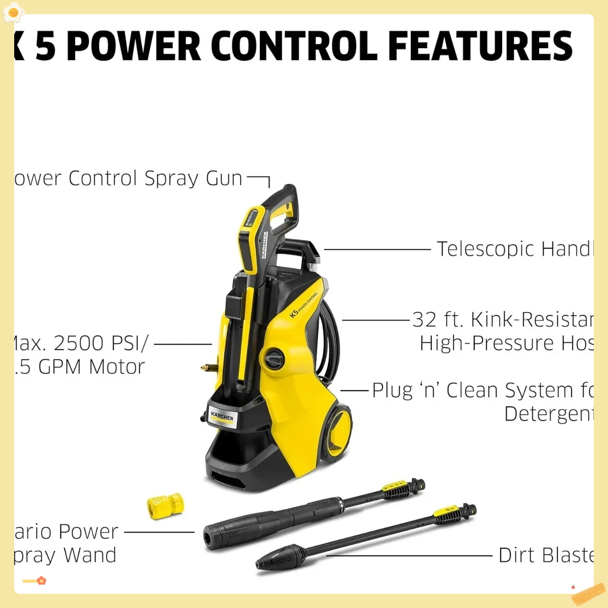 Pressure Washer, 32 ft. Hose,Max 2500 PSI,  2 Spray Wands - 1.55 GPM，K5 Power Control,