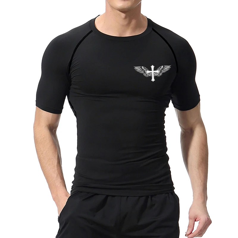 Cross Wings Print Compression Shirt for Men Christian Athletic Tshirt Sporty Tees Tops Gym Workout Running Baselayers Undershirt