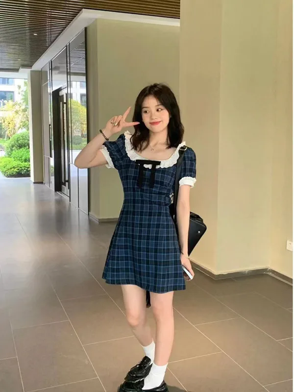 French Vintage Bow Lace Lace Square Neck Dress Women Summer Sweet and Fresh Women's Slim Fit Slim Plaid A-line Short Skirt XP3E