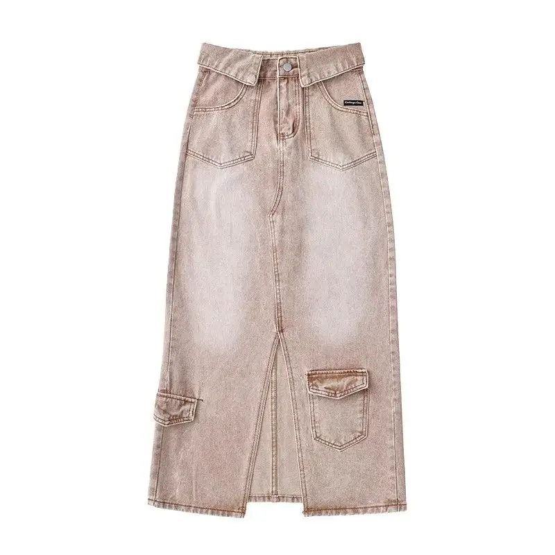 

Винтажная джинсовая юбка цвета хаки больших размеров, новая летняя юбка миди с рваным подолом ALine, женская эстетичная мода Cottagecore