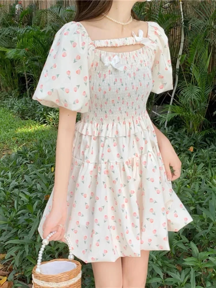 Kawaii Bloemen Jurk Vrouwen Zoete Hoge Taille Zomer Bladerdeeg Mouw Franse A-lijn Prinses Vestidos Casual Kleding Vintage Esthetiek