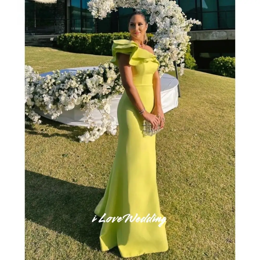

Yellow One Shoulder Evening Dresses 2025 Sleeveless Backless Mermaid Floor-Length Pleated Ruched Wedding Party Dress Customized