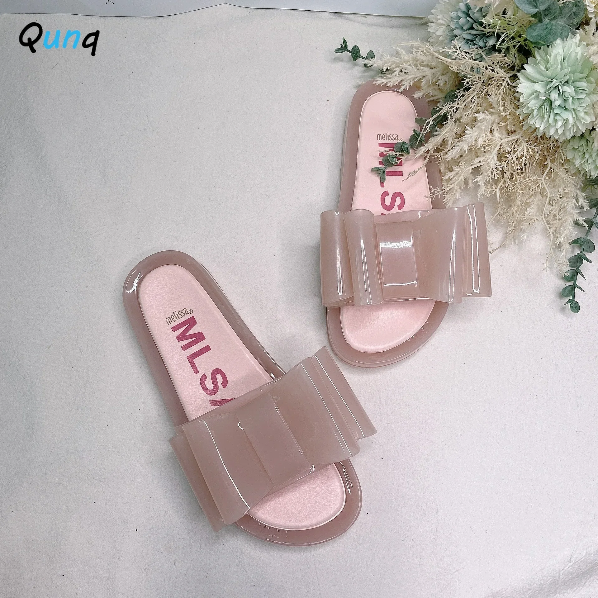 Qunq One Word Solid Jelly Bowknot Quick Dry Breathable Slipper Outdoor Beach Slipper Casual Lovely Flat Heel Shousehold Slippers