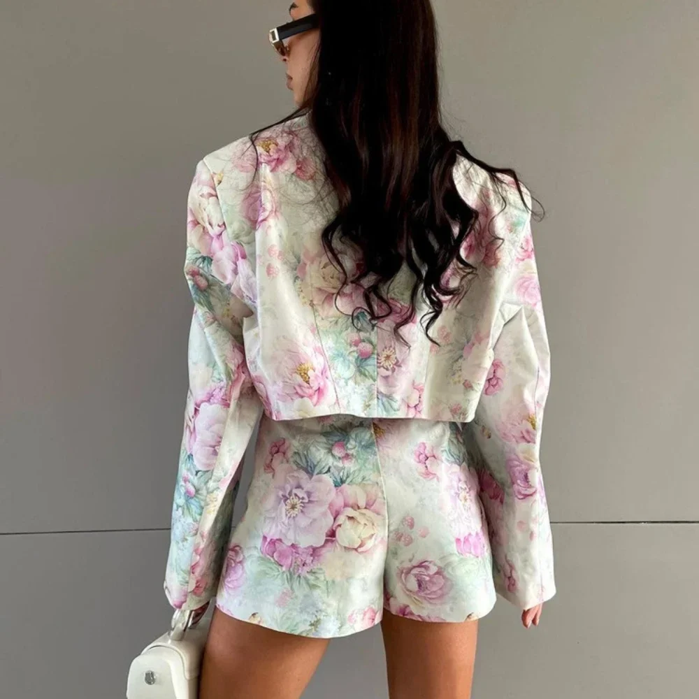 2024 New Loose Floral Print Dress Sets Short Blazer and Skirt Women's Suits Fashion Streetwear Two Piece Set Winter Club Outfits