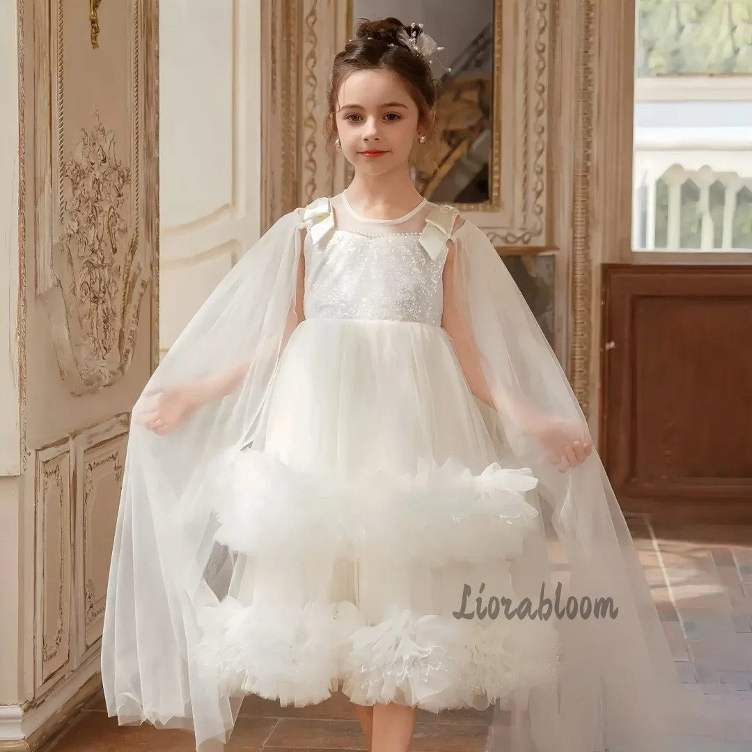 

Girls' Designer White Formal Dress Full-Skirted Flower Girl Gown Bow Embellishment Multi-Layered Fluffy Party Dress