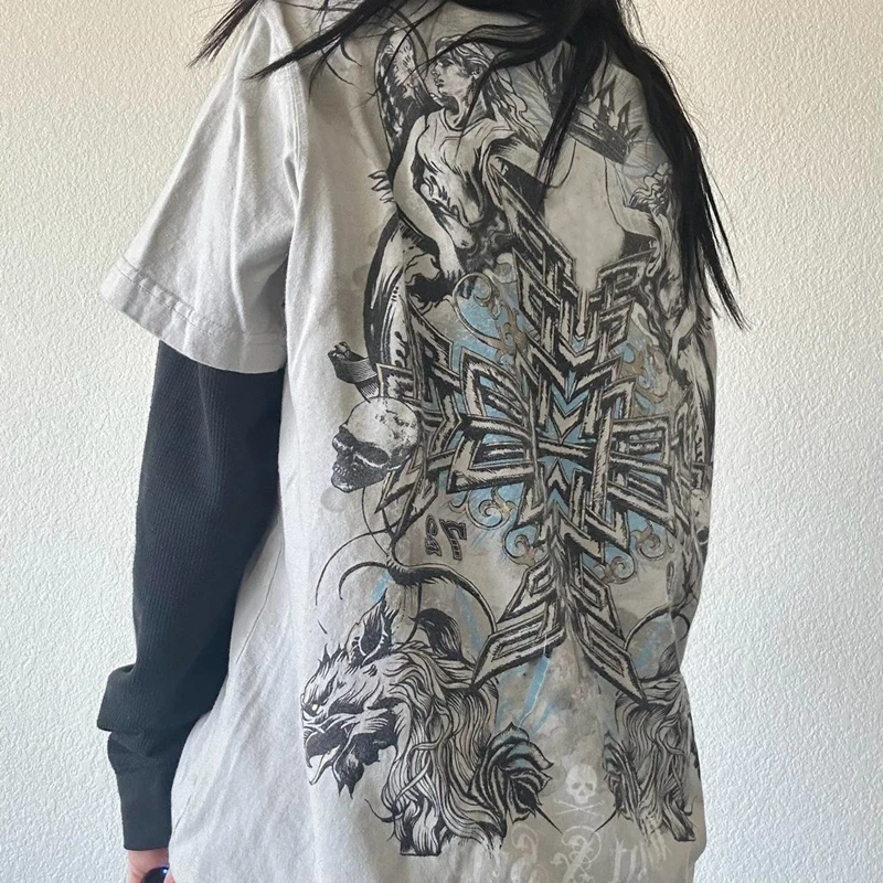 2000s Rare Skull Graphic Pullovers Tops Grunge Cyber Y2k Cross Print Layered T-shirt 90s Vintage Mall Goth Techwear Tees Women image 3