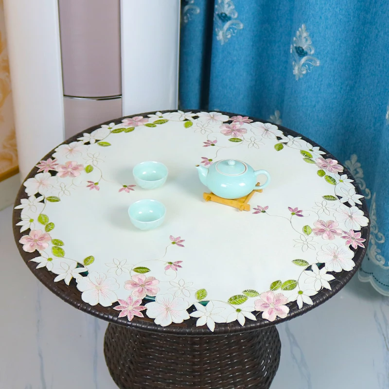 

HOT Round satin rose flower Embroidery table cloth cover wedding tablecloth kitchen Christmas Table decoration and accessories