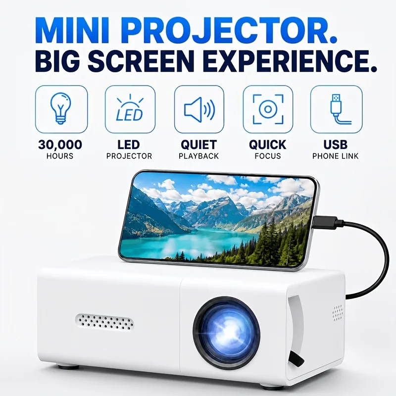 Mini smart LED projector, USB/ wired screen sharing, 16:9 aspect ratio, indoor home theater, suitable for movies