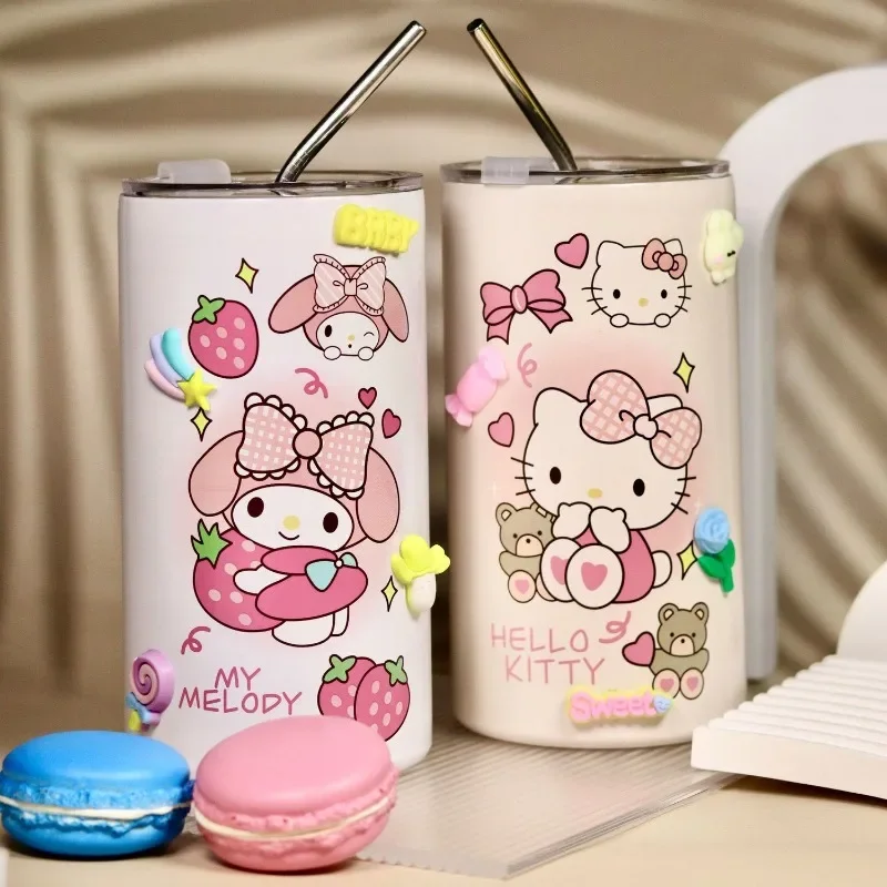 

Sanrio Water Cup Hello Kitty 600ML Thermos Cup Straw Cartoon Cute Portable 304 Stainless Steel Coffee Cup Thermos Bottle Gift