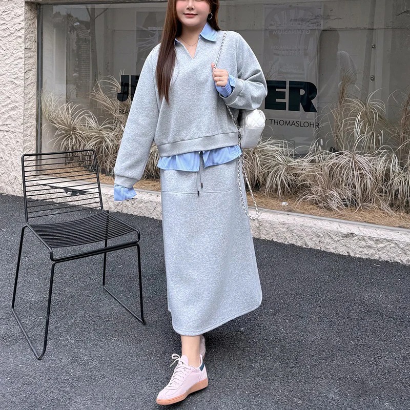 

XXXXL Fashion Plus Size Women's Sets Premium Fake Two Pieces Lapel Color Contrast Sweatshirt And A-Line Skirt 2026 Spring