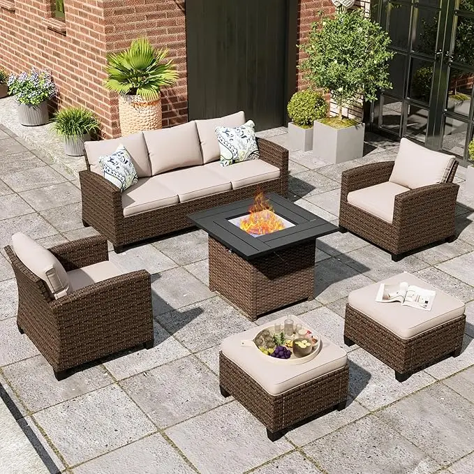 

Patio Furniture Set,Wicker Outdoor Conversation Set, Single Chairs, Seater Sofa and Ottoman with hick Cushion for Garden