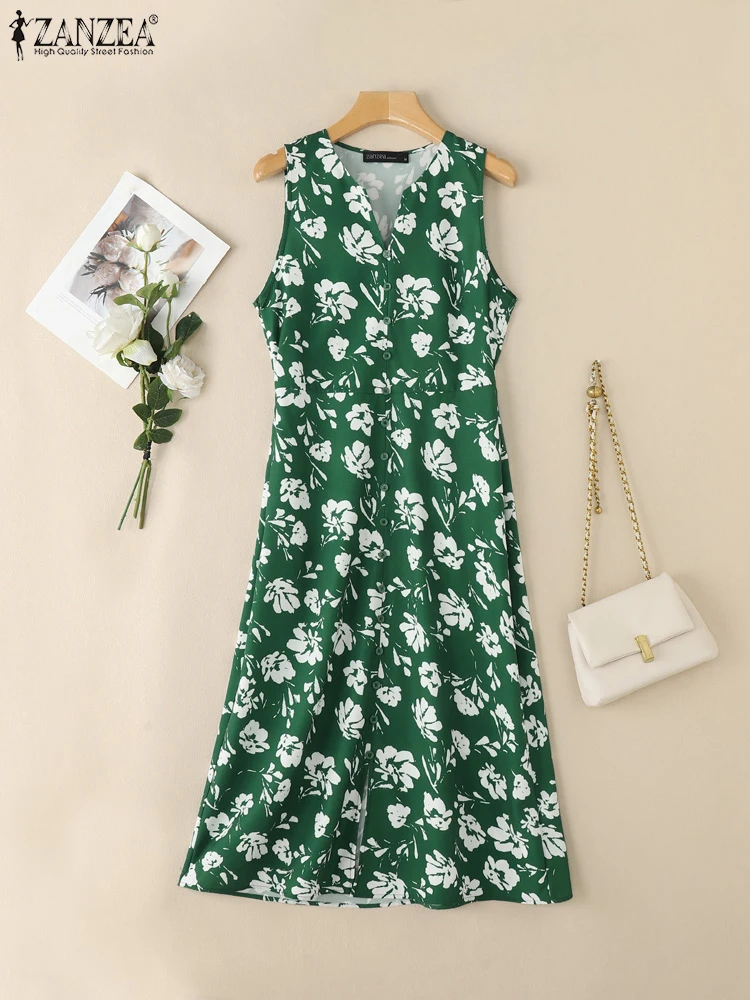 ZANZEA-Vestidos Midi elegantes con estampado Floral para mujer, Vestidos sin mangas con cuello en V para verano 2025, batas informales de corte a para ir al trabajo para mujer