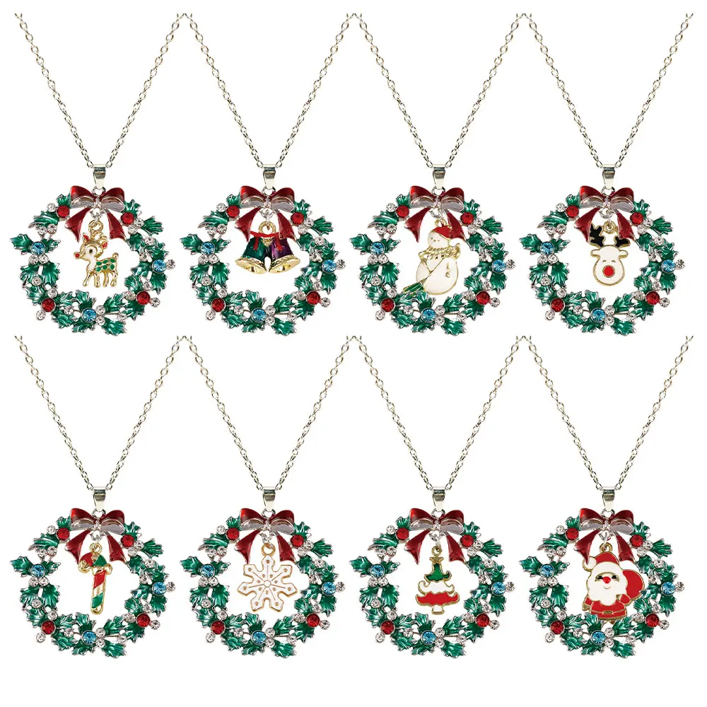 Crystal Wreath With Christmas Candy Canes Santa Claus Bell Reindeer Tree Snowman Snowflake Charms Pendant Necklace Xmas gift