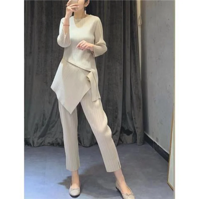 Pleated Sets of Female 2023 Spring Western-style Fashion Suit Fashion Age Reduction Slim Royal Sister Two-piece Set for Women