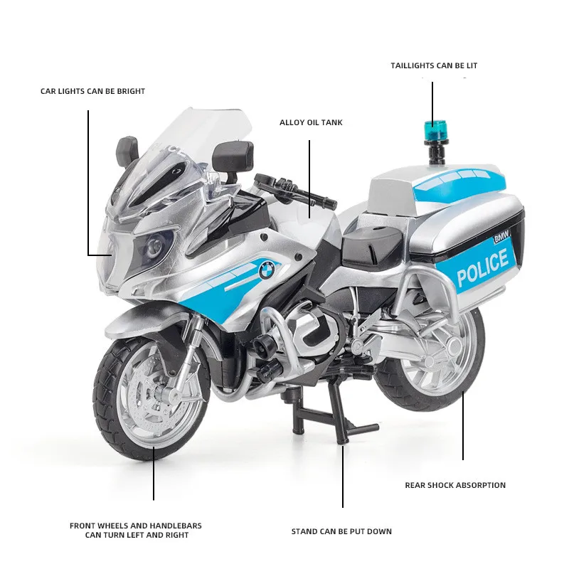 1/12 BMW R1250 RT Police Motorcycle Toy Diecast Metal Model 1:12 Miniature Car Sound & Light Collection Gift For Boy Children