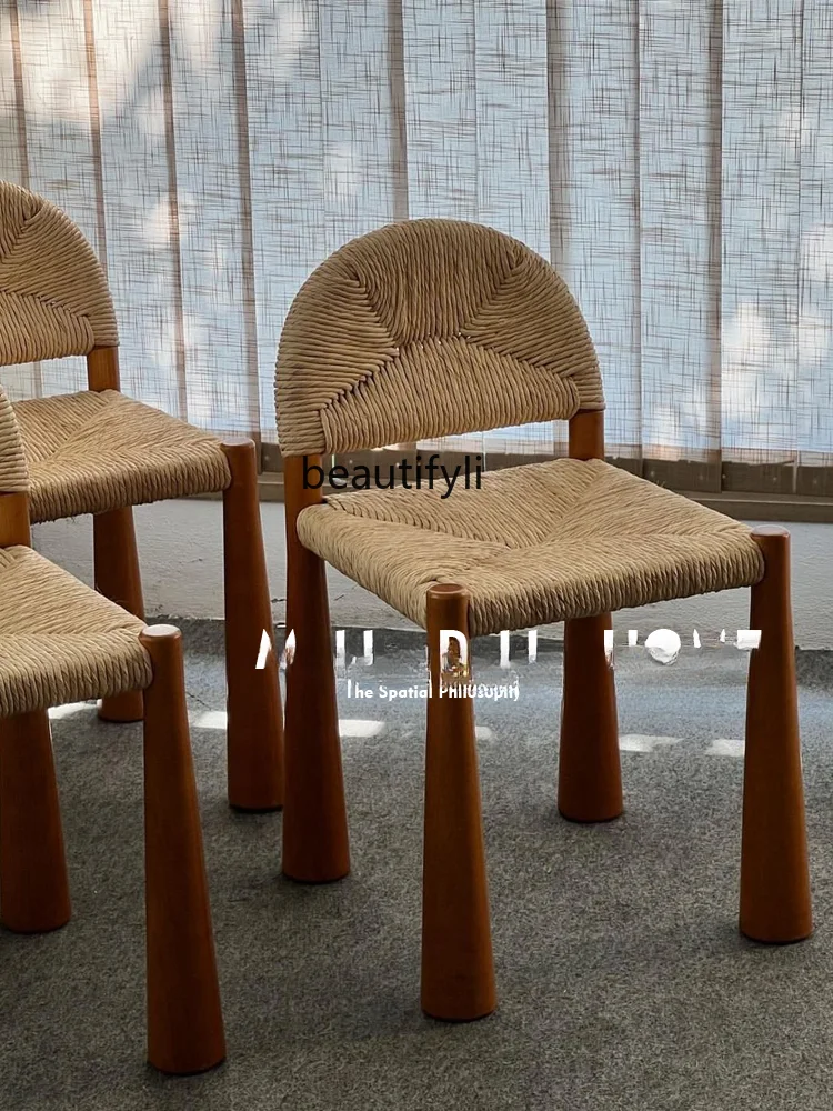 Mid-Ancient Retro Grass Rattan Chair Solid Wood Rattan Chair Designer Arch Backrest Study Stool Dining Chair