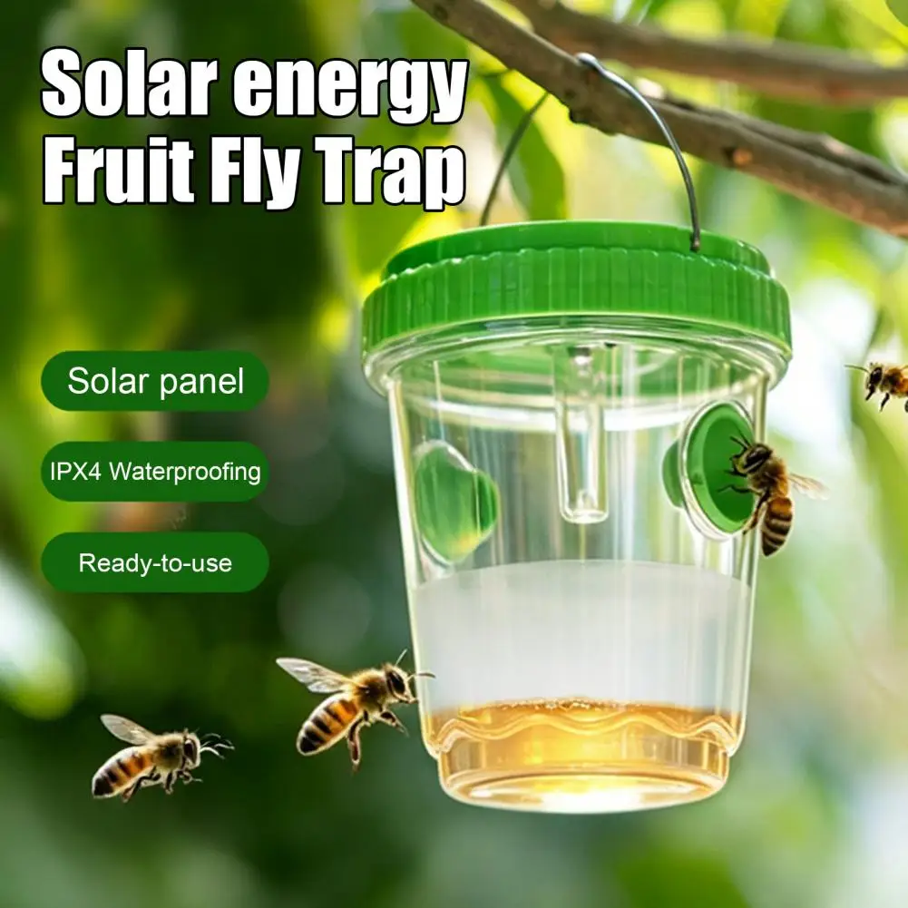 Outdoor Solar Insect Trap Hanging Waterproof Hornet Trap Bucket Reusable Yellow Jacket Trap With LED Light For Garden Backyard