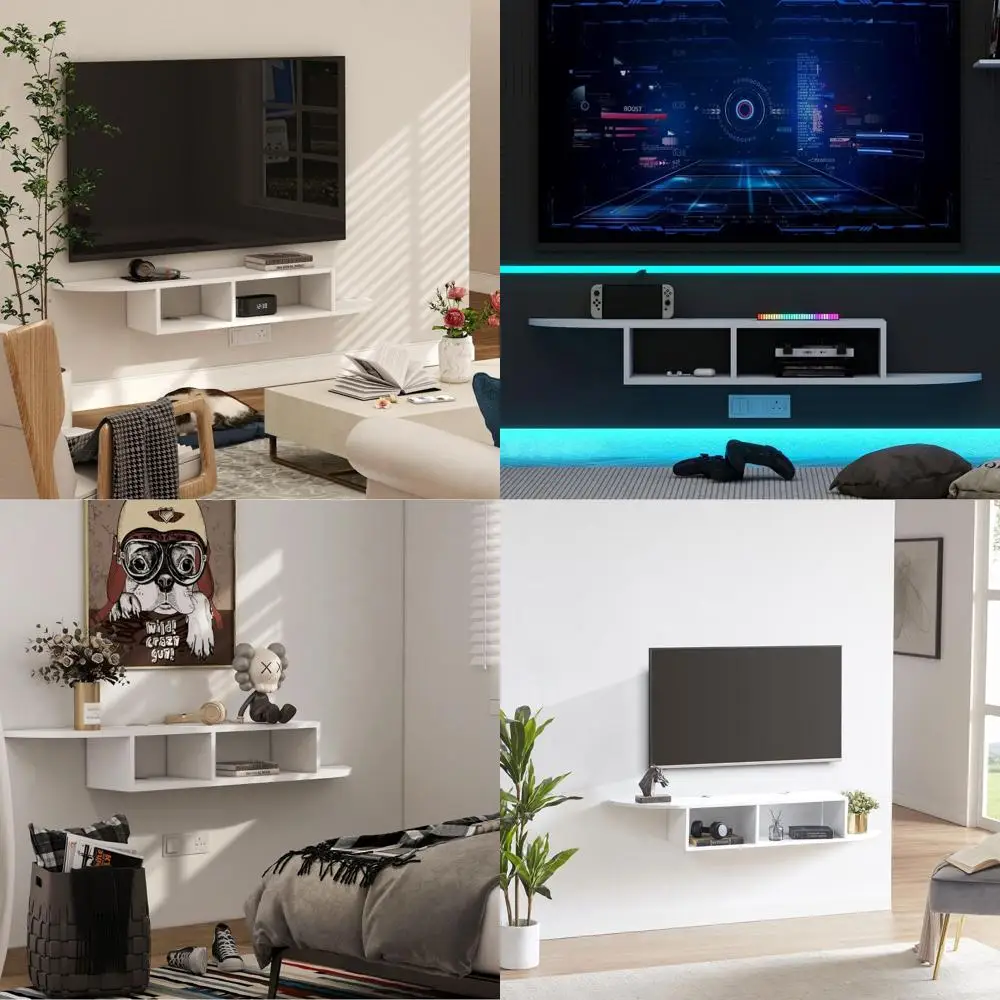White Wall-Mounted TV Stand with Storage, Floating Entertainment Center, Media Shelf for DVD Player, Space-Saving Under-TV Cabin