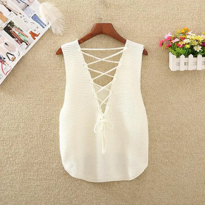 Spring Autumn Knitted Vest Short Loose Korean V-neck Lace Up Pullover Women's Blouse Girl's Vest White