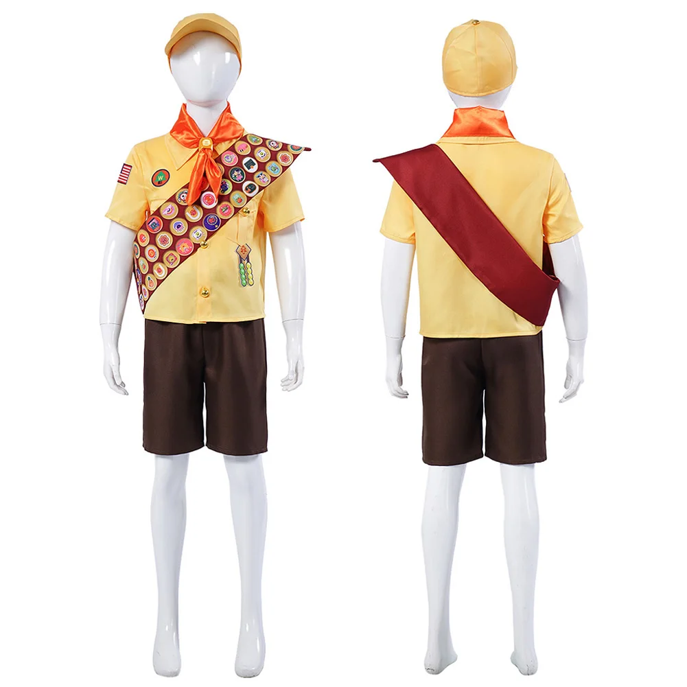 

Family Shirts Up Russell Wilderness Balloon Anime Wilderness Explorer Cosplay Costume UP Russell Boys Girls Shirt Shorts And hat