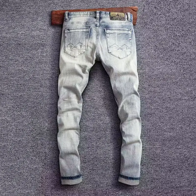 Street Fashion Men Jeans High Quality Retro Light Blue Stretch Slim Fit Ripped Jeans Men Patched Designer Vintage Denim Pants