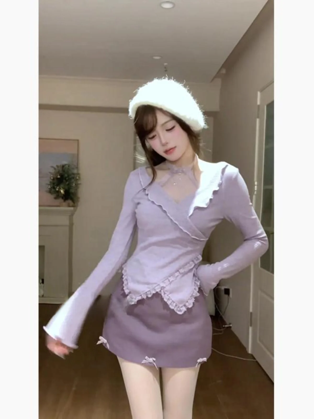 

Sexy Purple Long Sleeve V-Neck Spring Fashion Set for Women Hanging Neck Design Short Skirt Small Size Matching Polyester Fiber