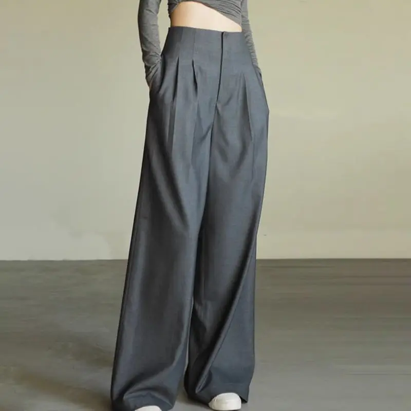 

2025 New Grey High Waisted Wide Leg Pants Draped Suit Trousers Slimming for Pear Shape Women Straight Leg