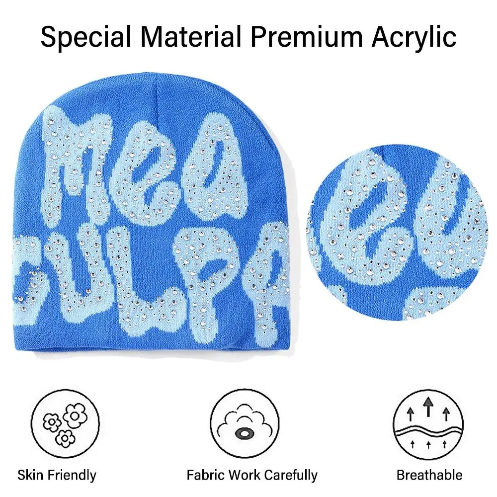 MEA Culpa Beanies Hat with Rhinestone for Women Men, y2k Beanies Hats Hip-hop Soft Stretch Warm Knitted Slouchy Cap