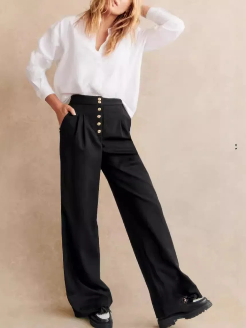 Suit Trousers for Women 2024 New Golden Button High Waist Loose Casual Long Straight Pants