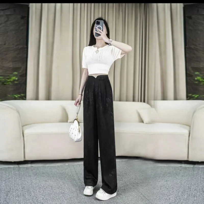 

Black Jacquard Satin Wide-Leg Pants for Women Spring High Waist Drooping New Guo Feng Chinese Style High Sense Straight-Leg Pant