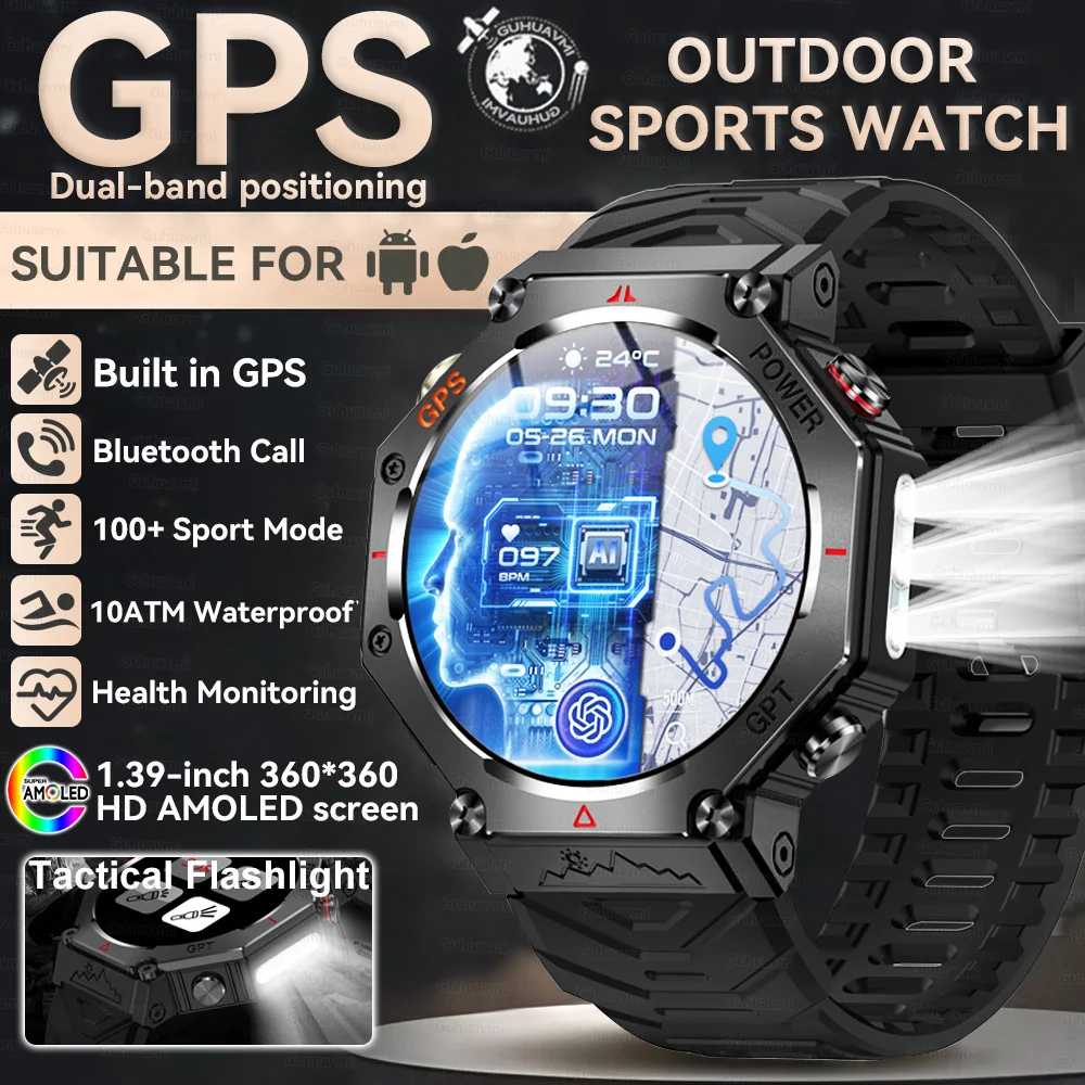 2026 Nieuwe Ingebouwde GPS Outdoor Smartwatch Heren Zaklamp Kompas BT-oproep Hartslagmeter 10ATM Waterdicht Sport Smartwatch 2026