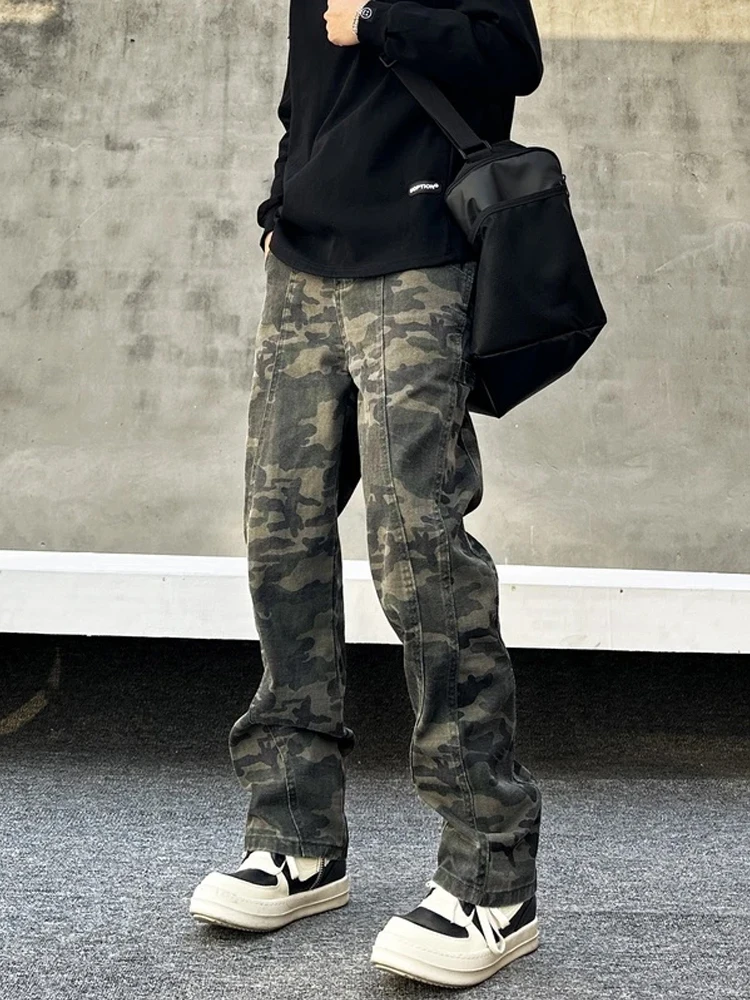 

Американские ретро-брюки с камуфляжным принтом для мужчин, весенне-осенние, на флисе, в стиле High Street, джинсы Lkyy Logging, прямые, слегка расклешенные, рабочая одежда D...