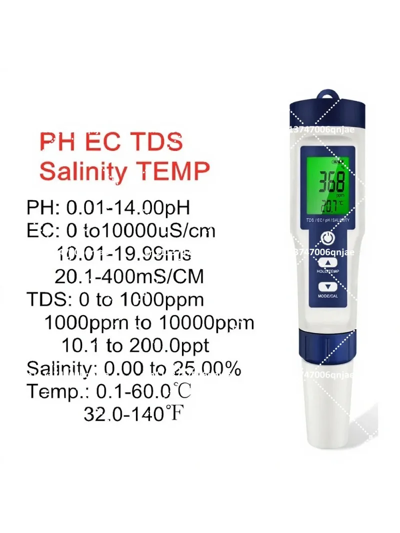 5-in-1 Digital Water Quality Tester PH TDS EC Salinity Temperature Meter for Drinking Water Purity Testing