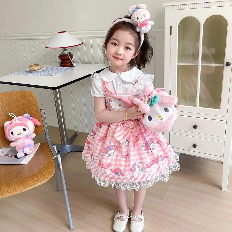 Half Sleeve Dress Sanrio My Melody Girl Spring Autumn New Style 2Pcs Fashion Cartoon Kawaii Casual Bow Princess Dress Gingham